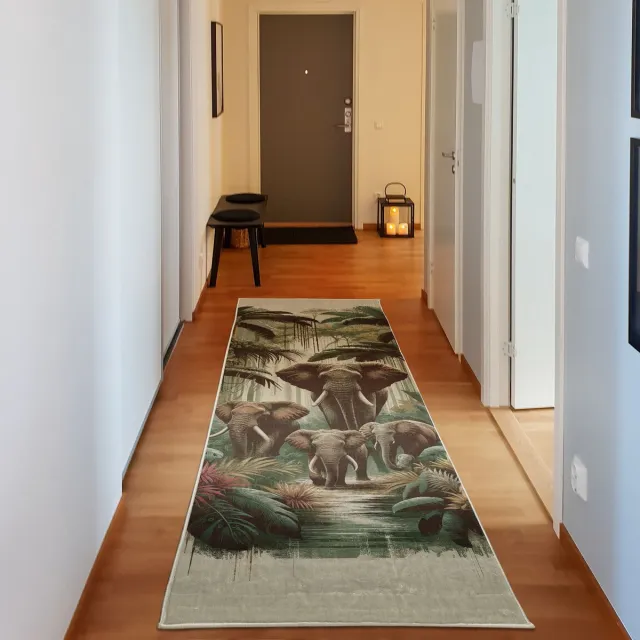 ABAKUHAUS Vloerkleed - Woonkamer Tapijt – olifantenmotief – 76 x 229 cm – jadegroen karamel
