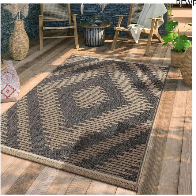 RFWR Buiten Vloerkleed voor Balkon en Terras - Boho Geometrisch Tapijt - 80x150 cm - Antraciet