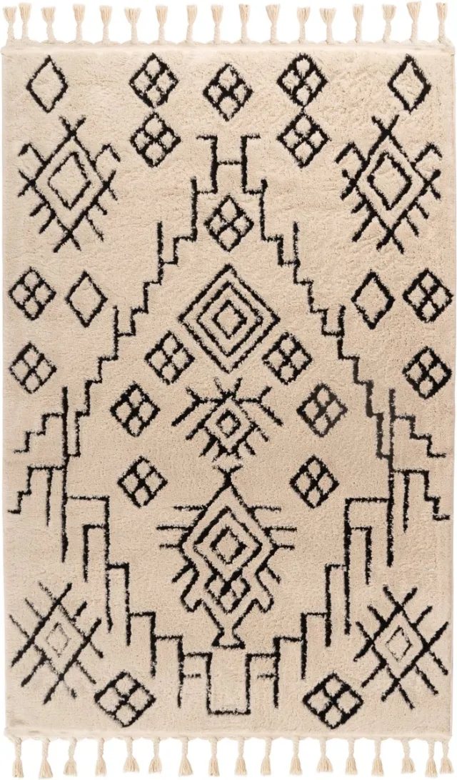 Padiro knus hoogpolig vloerkleed 160 x 230 cm - lichtbeige - geometrisch boho-patroon - met franjes - van polypropyleen