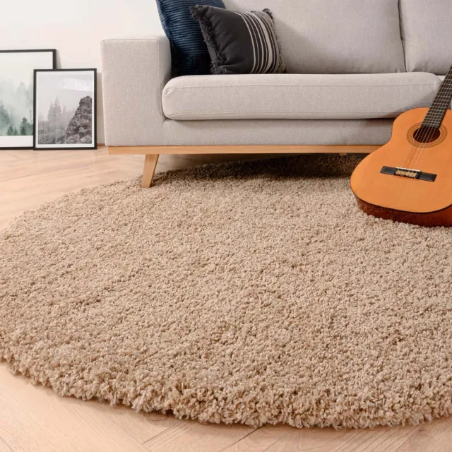 Tapeso Rond hoogpolig vloerkleed - Shaggy Grand beige 200