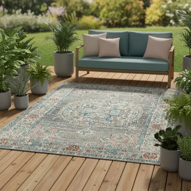 TapisTrend Designer tapijt Grijs 200x290 cm Vintage oosters binnen-/buitenkleed met bloemenmedaillon voor woonkamer, terras en balkon