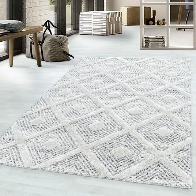 Ayyildiz Hoogpolig vloerkleed, geometrisch patroon, grijs, woonkamerkleed, jute achterkant, afmeting: 80 x 150 cm
