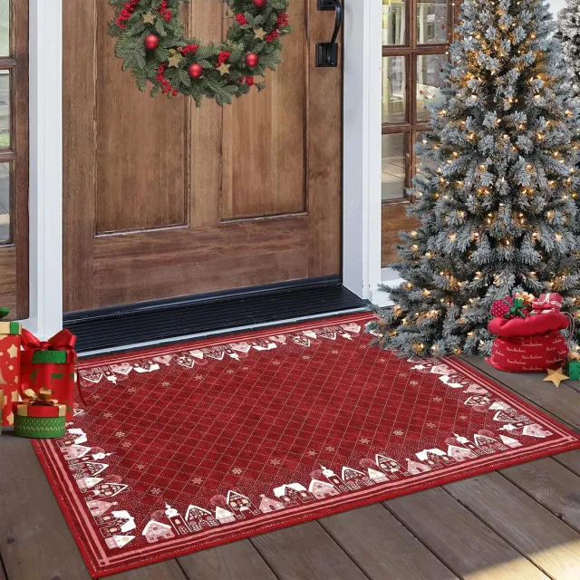 Triumpunpre Kerst Vloerkleed 60x100 cm - Kersttapijt Sneeuwhuis en Sterrenhemel Design Rood - Zacht Wasbaar voor de Woonkamer