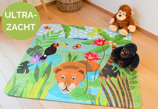 Mats & Joy Jungle Kinderkamer Vloerkleed 130x130cm - Fluweelzacht Tapijt - Anti-slip - Wasbaar Kindertapijt met Leeuw en Jungle Dieren groen
