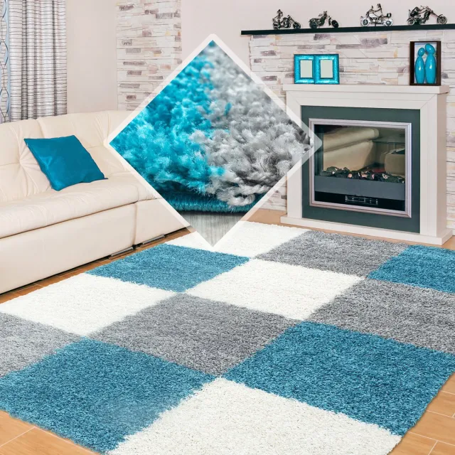 Muratap Basic Shaggy Geblokt vloerkleed Turquoise / Wit Hoogpolig- 160x230 CM