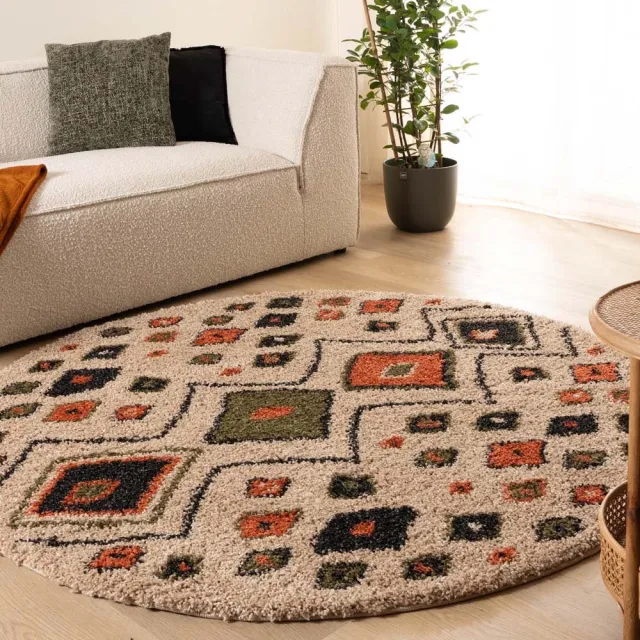 Boho&me Rond hoogpolig vloerkleed - Artisan beige/multi 120