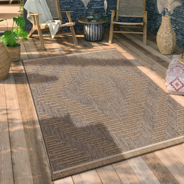 Famanu Buiten vloerkleed voor binnen en buiten, boho patroon met bloemen en geometrische vormen, 160 x 220 cm, beige