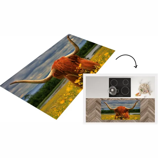 KitchenYeah Keukenloper - Loper keuken - Schotse Hooglander - Dieren - Bloemen - Keukenloper vinyl Multicolor