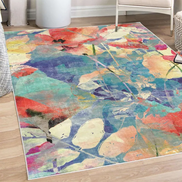 ABAKUHAUS Vloerkleed - Woonkamer Tapijt - modern – bloemenmotief – 122x170 cm – teal Teal Siena Peach