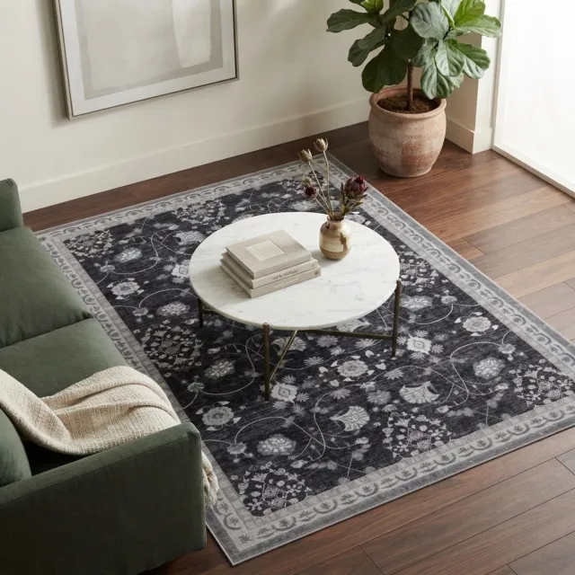 Moonay Vintage Vloerkleed Atlas Bloemen 160x230 cm - Wasbaar Antislip Zwart