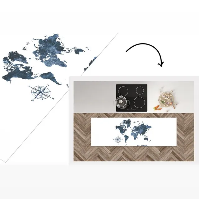 KitchenYeah Keukenloper - Loper keuken - Wereldkaart - Waterverf - Blauw - Keukenloper vinyl Multicolor