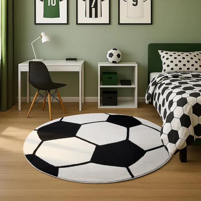 the carpet Elisa Kids Tapijt voor de kinderkamer, kindertapijt, speeltapijt, onderhoudsvriendelijk, slijtvast, rond 80 cm Voetbal zwart-wit