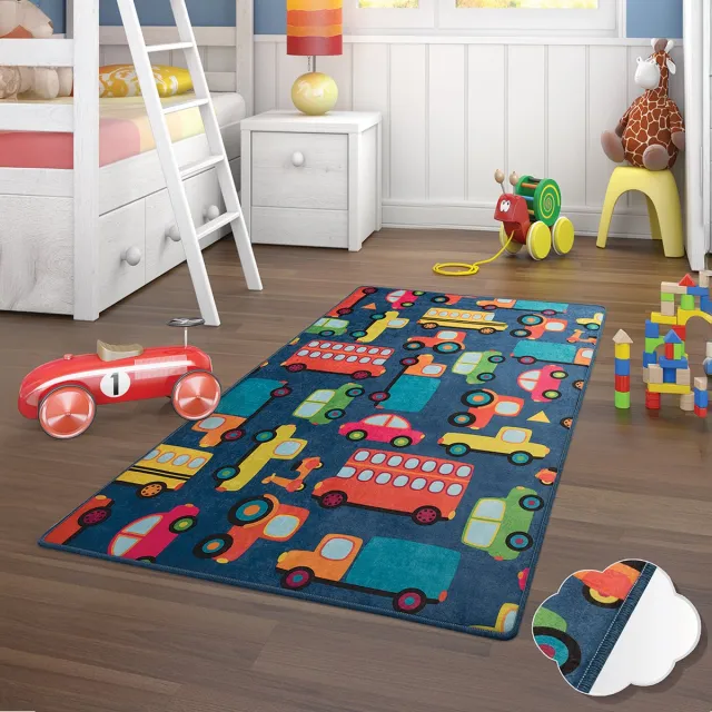 Bosdela Wasbaar kinder- en babykleed, 100x160 cm, ideaal voor kinderkamers, speelkamers en kruipmatten autodesign Blauw