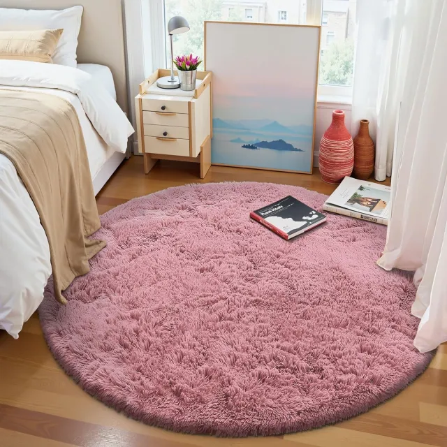 Ibenzoa Rond roze vloerkleed met zachte pool en antislip voor woon- en slaapkamers