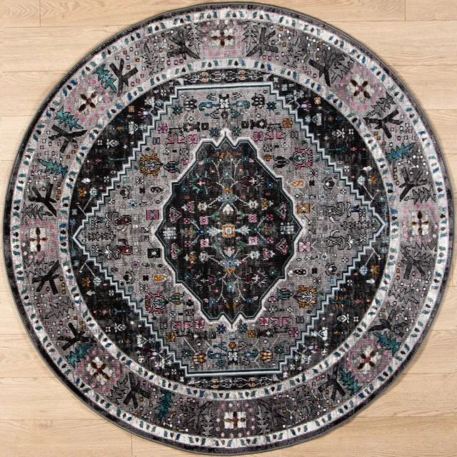 Muratap Picasso Paloma Rond Vintage Vloerkleed - Grijs - Laagpolig- 240 CM Ø
