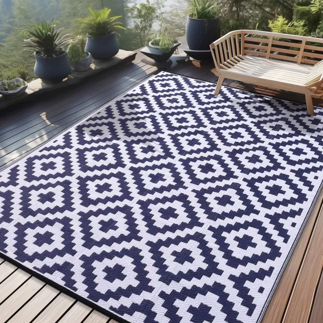 smiry Buitenkleden - Waterdicht buitenkleed - Tuinkleden-Antislip,omkeerbaar,UV-bestendig,Gemakkelijk schoon te maken - Donkerblauw en wit - 5*8ft(152*244cm)