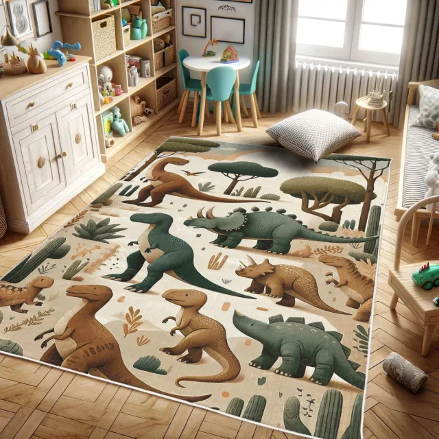 ABAKUHAUS Vloerkleed - Woonkamer Tapijt – dinosaurus motief – 122 x 170 cm – gember olijfgroen Gember-Olijfgroen