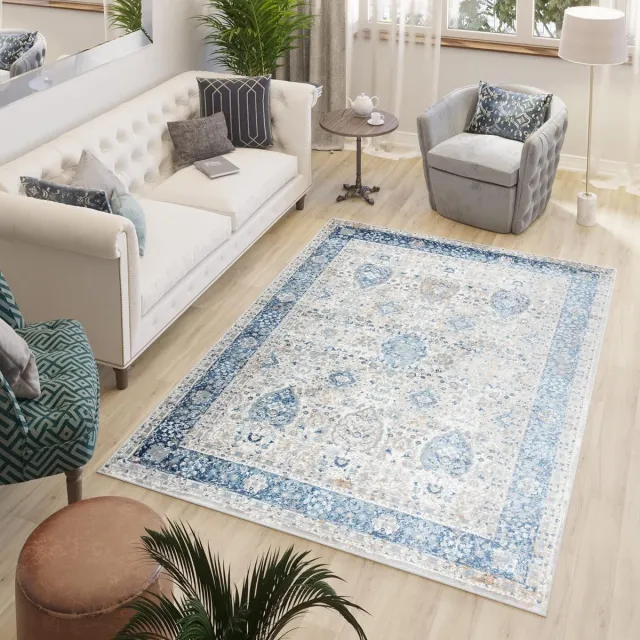Tapiso Valley Vloerkleed Blauw Vintage Tapijten Woonkamer Maat- 150x220 Beige Blauw3