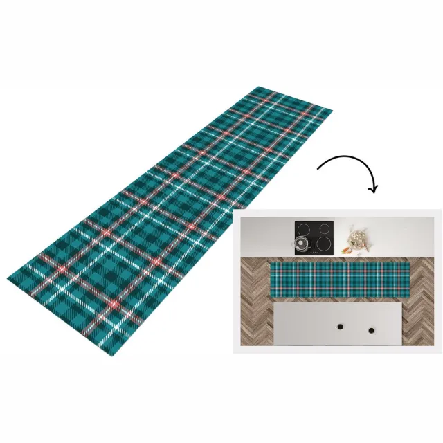 KitchenYeah Keukenloper - Loper keuken - Plaid - Schotse ruit - Patronen - Blauw - Roze - 240x60 cm - Keukenloper vinyl Multicolor