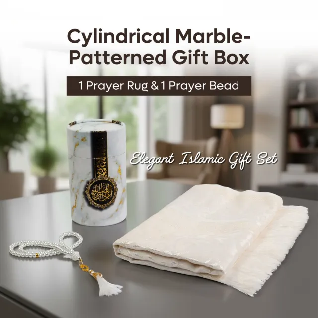 Firaset Moslim gebedskleed, Seccade, gebedskralen met elegant design, cilindervormige geschenkdoos, Janamaz, Sajadah, zachte islamitische geschenkset, tapijtmat, taftstof, wit
