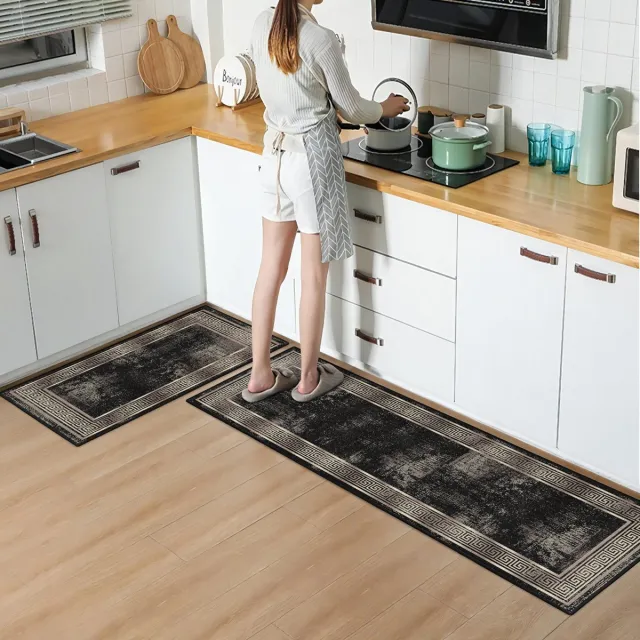 De Groen Home Vloerkleed Keukenloper set 65x180 & 60x100 cm - Deurmat binnen - Halloper set - Gold & Zwart - Wasbaar Antislip Zacht Tapijt Zwart & Gold