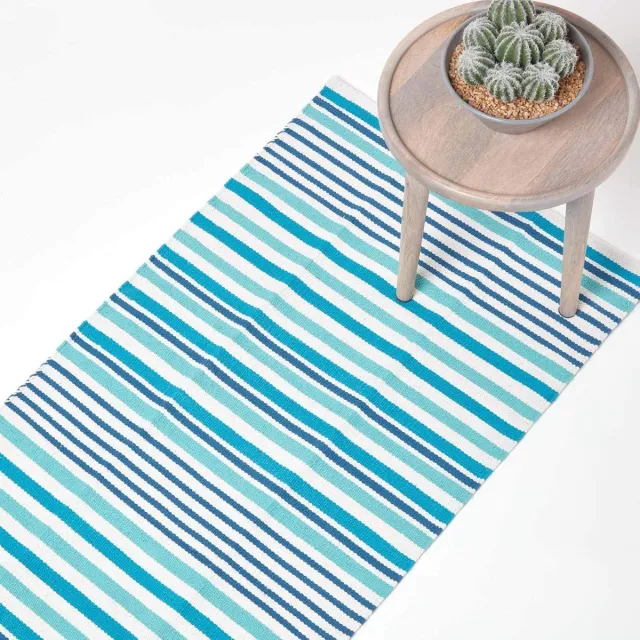 Homescapes katoenen tapijtloper blauwe en witte strepen, 66x200 cm Blauw-Wit