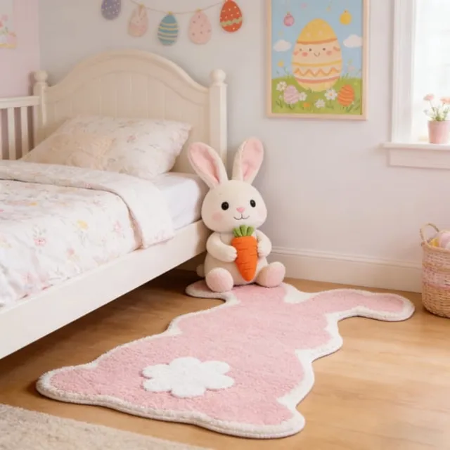 Ulisem Vloerkleed Konijn Patroon - 80 x 50 cm - Antislip TPR Onderkant - Wasbaar - Ze Absorberend - Zacht Kasjmierlook Materiaal - Voor Badkamer Slaapkamer Woonkamer Balkon Veranda - Binnen‑ En Buitengebruik - Sfeervolle Huisdecoratie Roze