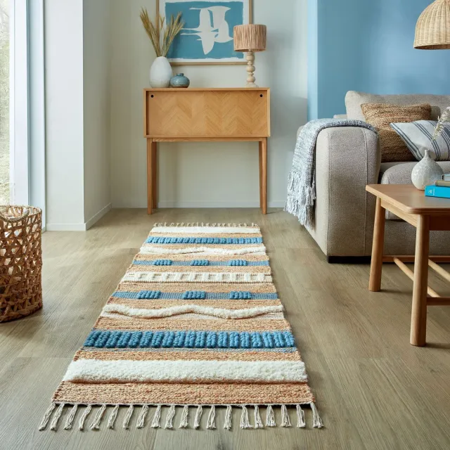 flycarpets Loper Medina Jute Weave Stripe Vloerkleed Naturel / Blauw
