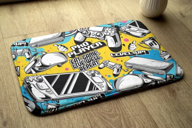 Coloray Vloerkleed voor Kinderkamer - Geel Tapijt Voor Woonkamer - Controllers En Consoles Klein Vloerkleed - Blauw Accenten Tapijt Voor Slaapkamer - Antislip Vloerkleed Voor Kinderen - 75x45 cm Geel - Controllers En Consoles