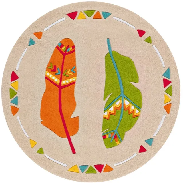 Padiro rond speels kindervloerkleed - lichtbeige - speels kindermotief - met bladmotief - voor vloerverwarming - van modacryl, polyester en katoen