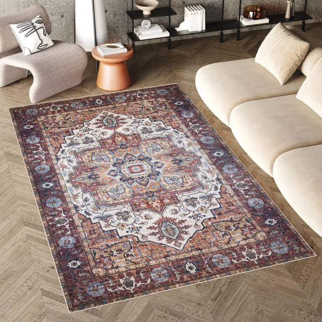Tapiso Flannel Printed Vloerkleed Vintage Traditioneel Antislip Wasbaar Tapijt Beige Rood