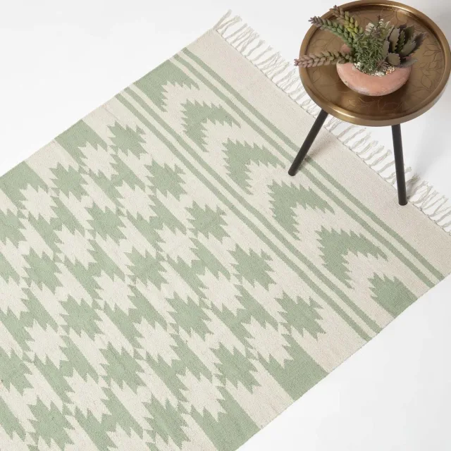 Homescapes Handgeweven katoenen tapijt uit Turijn - crèmegroen patroon, 90 x 150 cm Groen-Natuur