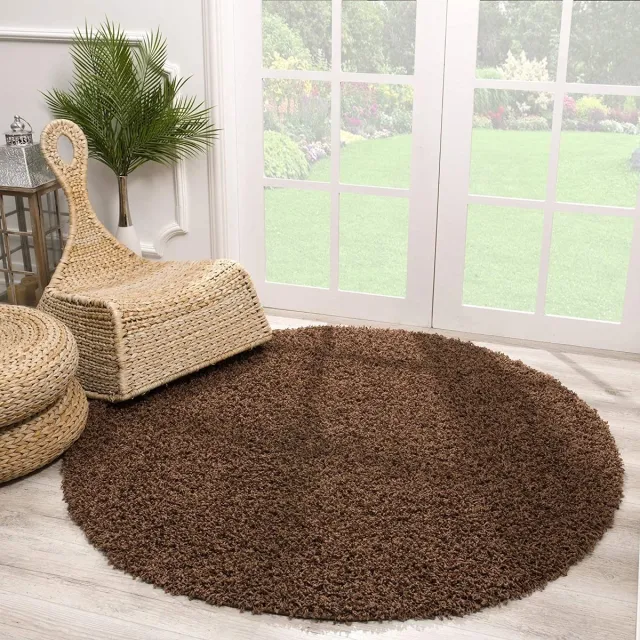 Muratap Rond Loca Shaggy Vloerkleed – Modern Uni Effen – Bruin Hoogpolig & Zacht- 80 CM Ø