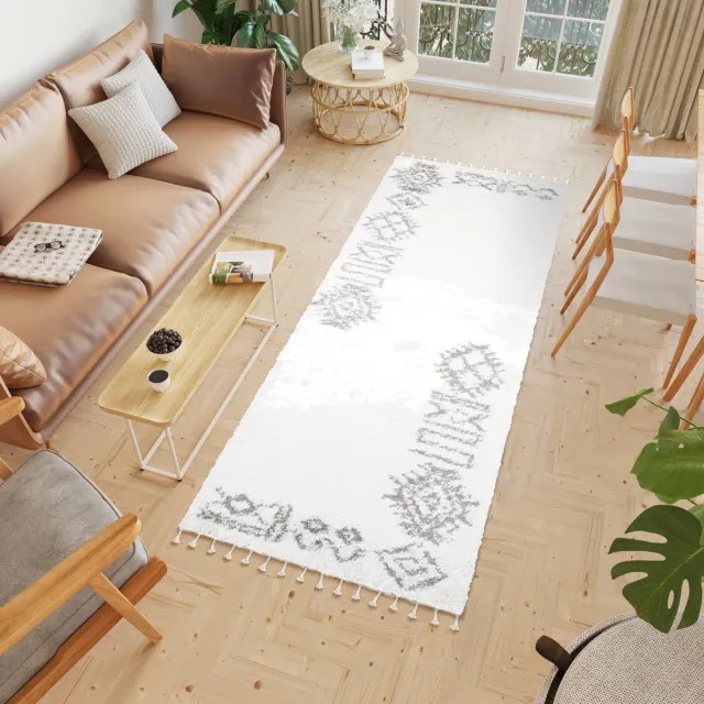 Tapiso Boho Loper Lichtbeige Hoogpolig Kwastjes Woonkamer Vloerkleed Creme 2