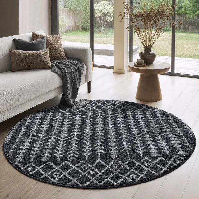 Muratap Boho Rond Vintage Kelim Laagpolig Vloerkleed Zwart/Grijs- 200 CM Ø
