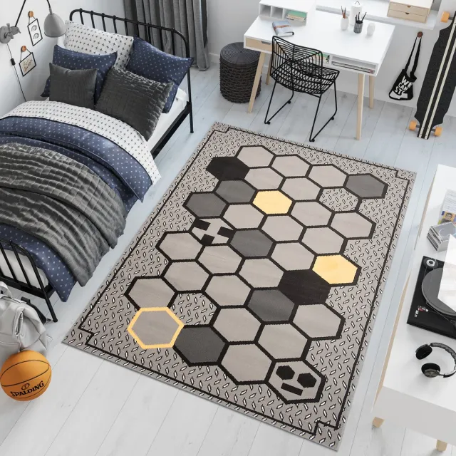 Tapiso Patras Vloerkleed Grijs Geel Zwart Jeugdkamer Kinderkamer Kleed Tapijt