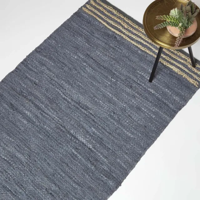 Homescapes leren tapijt grijs met strepen 90 x 150 cm - tapijt gemaakt van gerecycled leer