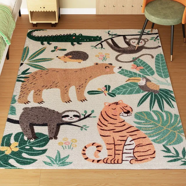 ECTEATOY Vloerkleed met Junglepatroon - Carpet -Tapijt -Zacht Fleece - 120 x 160 cm - Antislip & Onderhoudsvriendelijk - Crèmewit