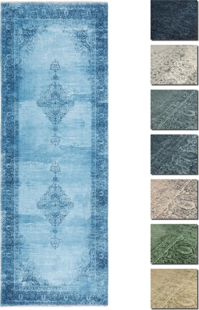 TESSO LIVING Kelim Vintage Vloerkleed - Jeans Blauw 80 X 195 cm - Premium Laagpolig Woonkamer Tapijt - Anti-Slip, Machinewasbaar & Super Zacht