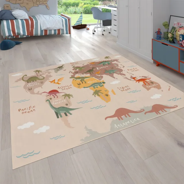 flycarpets Binola Kindervloerkleed Beige / Kleurrijk - Wereldkaart / Dinosaurus Speelkleed / Speelmat - Laagpolig Vloerkleed Kinderkamer