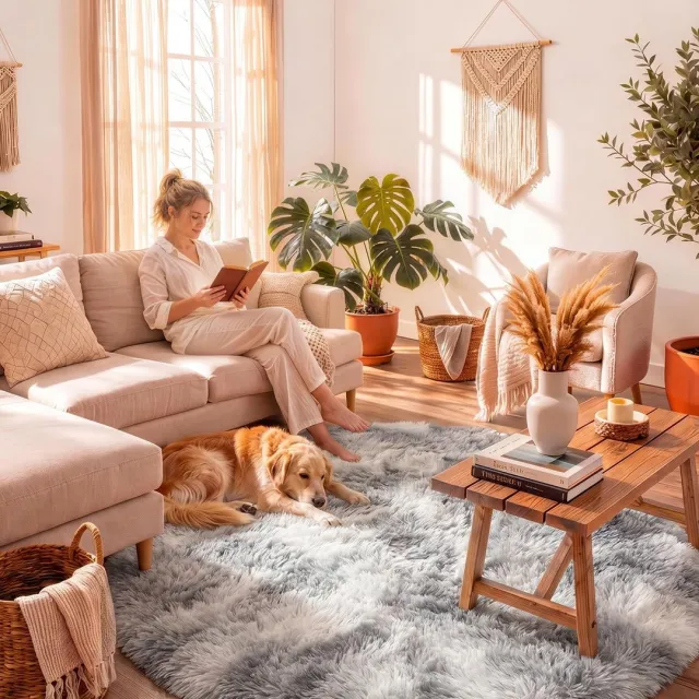Famanu Rond hoogpolig vloerkleed voor woonkamer of slaapkamer, 100 cm diameter, lichtgrijs