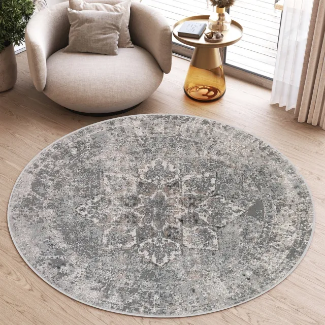 Tapiso Valley Rond Vloerkleed Grijs Laagpolig Woonkamer Tapijt Maat- 200x200