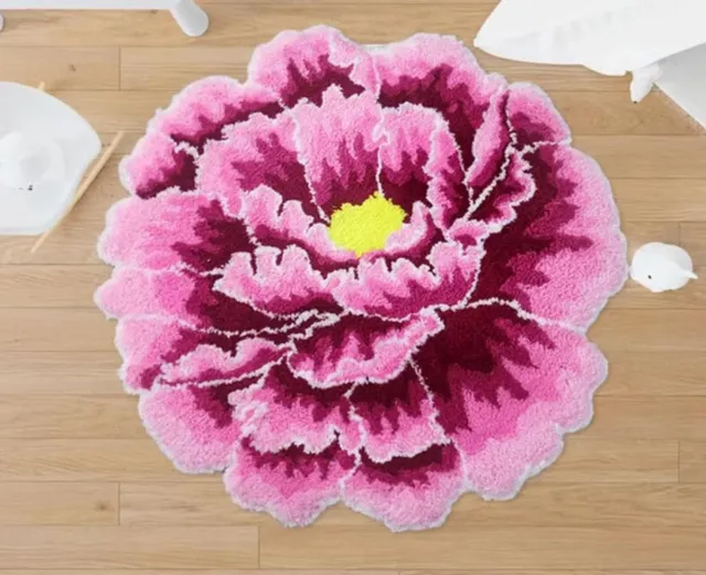 Housestock Rond polyester vloerkleed met roze pioenmotief, geschikt voor slaapkamers, keukens en badkamers. Zacht, pluizig, antislip en wasbaar. Afmetingen: 73 x 73 cm.