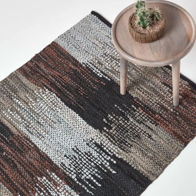 Homescapes Gerecycled leren vloerkleed in grijs, bruin en zwart, 90 x 150 cm Zwart, Grijs en Bruin