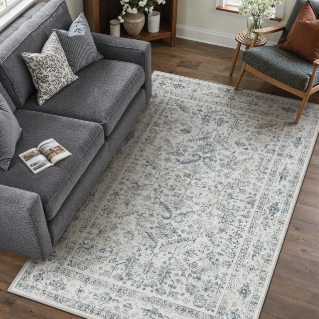 Unyqoos Stijlvol vintage tapijt in blauw voor woonkamer en slaapkamer, laagpolig en wasbaar Retro Blauw
