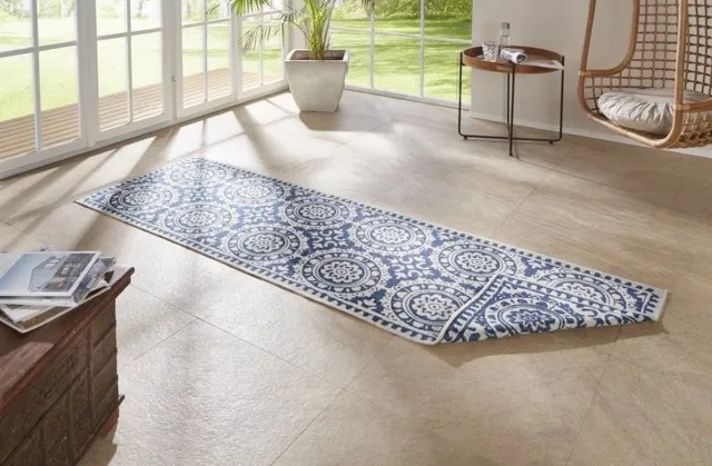 flycarpets Loper Omkeerbaar Binnen & Buitenkleed Laagpolig Loper Jardin- Blauw / Creme - 80x350 cm