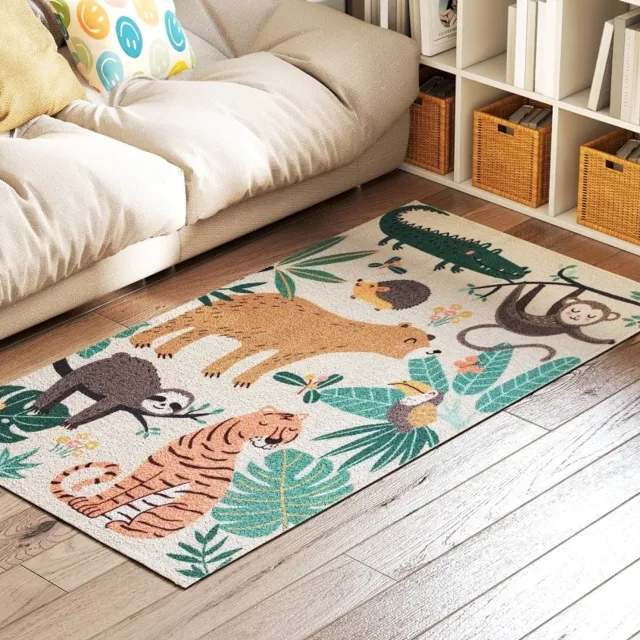 HAUSS SPOLE Vloerkleed Antislip – 150 x 80 cm – Polyester – Crèmewit met Groen Bruin en Oranje – Junglepatroon voor Slaapkamer en Hal – Zachte Pool Crèmewit, groen, bruin, oranje, turquoise en donkergrijs