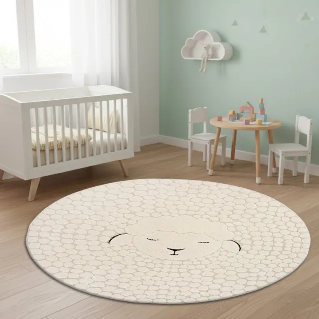 TapisTrend Kinderkleed Crème 80 cm rond Rond, crèmekleurig met een motief van slapende schapen en lusvormige wol, geschikt voor een babykamer Beige