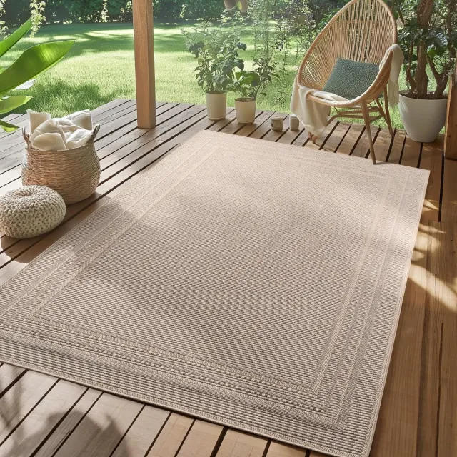 Famanu Buiten vloerkleed in beige, 160 x 230 cm, weerbestendig en UV-bestendig, onderhoudsvriendelijk, effen met rand, geschikt voor terras en tuin
