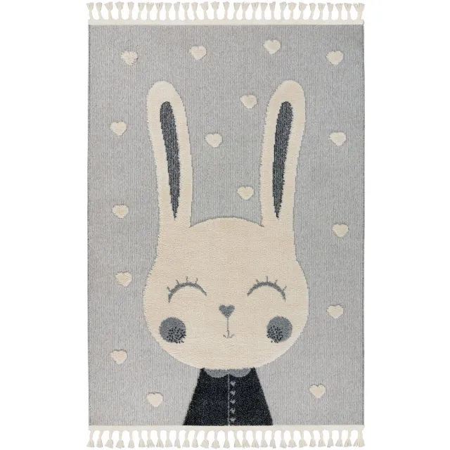 Padiro speels kindervloerkleed 120 x 170 cm - lichtgrijs - speels kindermotief - met hazenmotief - van polypropyleen